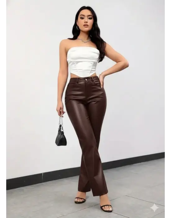 Kadın Yüksek Bel Cepli Deri Pantolon