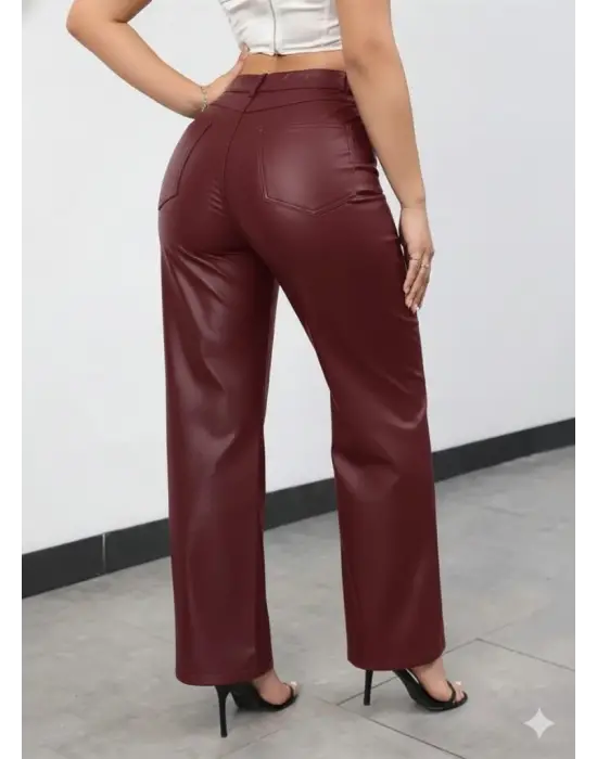 Kadın Yüksek Bel Cepli Deri Pantolon