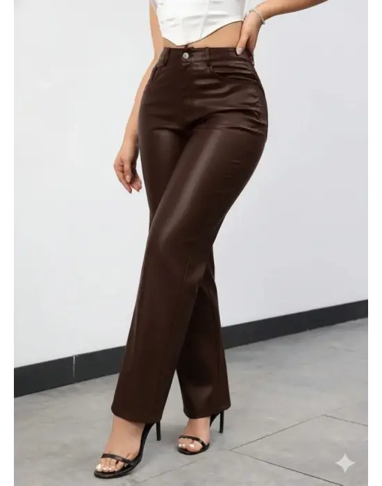Kadın Yüksek Bel Cepli Deri Pantolon