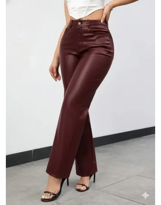 Kadın Yüksek Bel Cepli Deri Pantolon