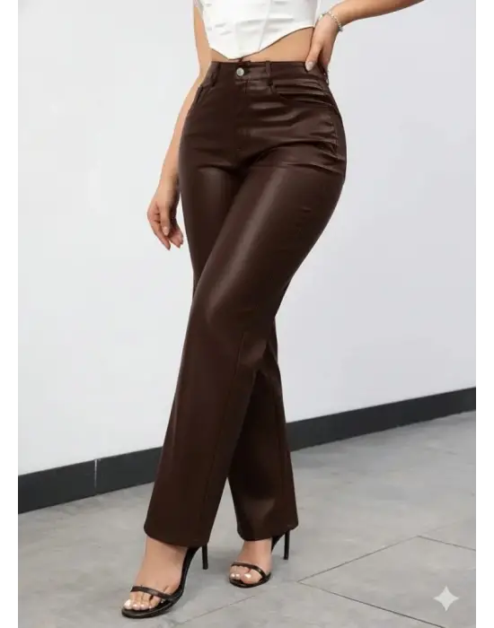 Kadın Yüksek Bel Cepli Deri Pantolon