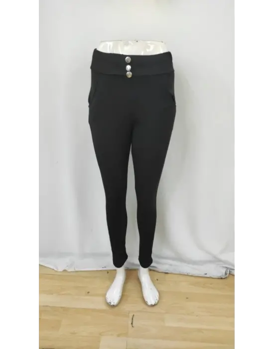 Kadın Yüksek Bel Cepli Düğmeli şardonlu Dalgıç Tayt Pantolon