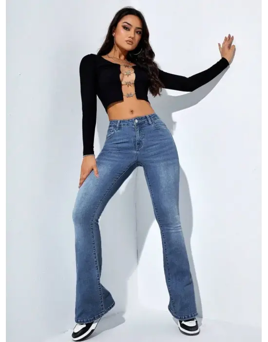 Kadın Yüksek Bel Cepli İspanyol Paçalı Kot Jeans Pantolon