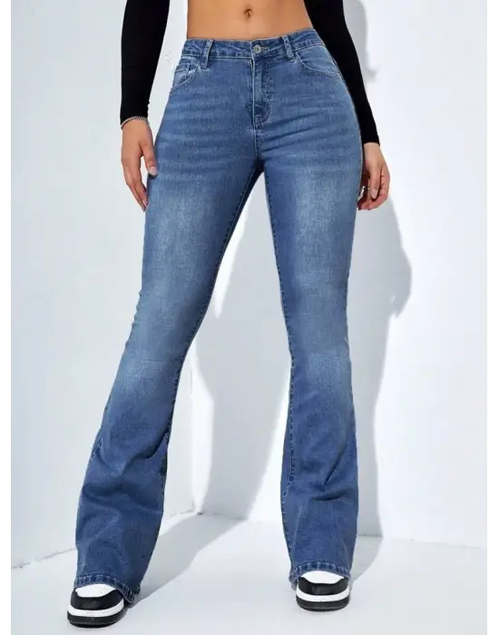 Kadın Yüksek Bel Cepli İspanyol Paçalı Kot Jeans Pantolon