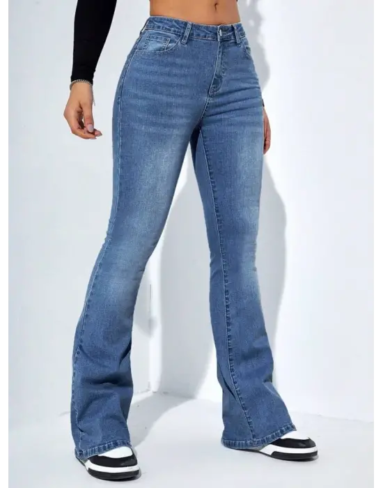 Kadın Yüksek Bel Cepli İspanyol Paçalı Kot Jeans Pantolon