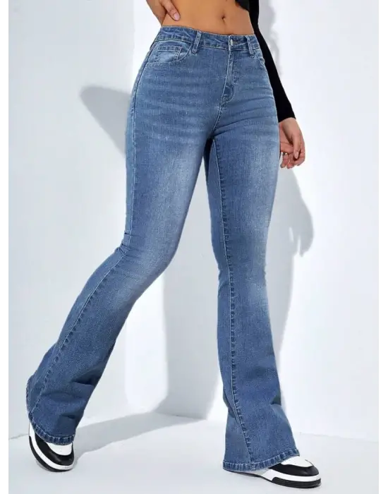 Kadın Yüksek Bel Cepli İspanyol Paçalı Kot Jeans Pantolon