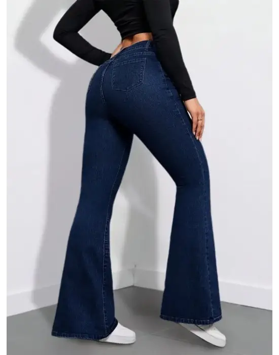 Modern Yüksek Bel Cepli İspanyol Paçalı Kot Pantolon