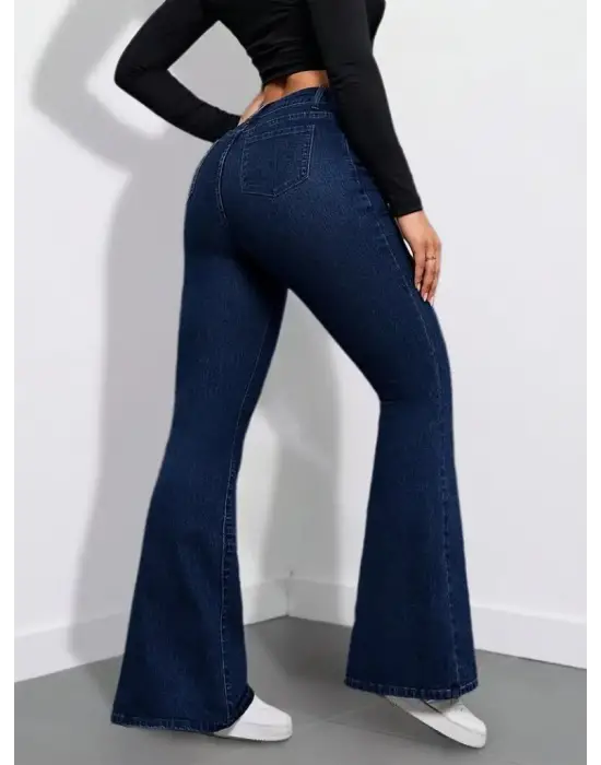 Kadın Yüksek Bel Cepli İspanyol Paçalı Kot Pantolon