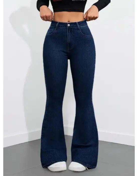 Kadın Yüksek Bel Cepli İspanyol Paçalı Kot Pantolon