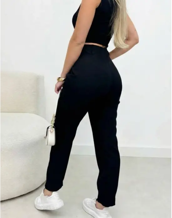 Kadın Yüksek Bel Cepli Paça Ağzı Pile Detaylı Ithal Krep Pantolon