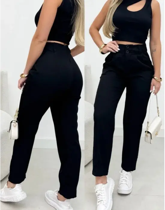 Kadın Yüksek Bel Cepli Paça Ağzı Pile Detaylı Ithal Krep Pantolon