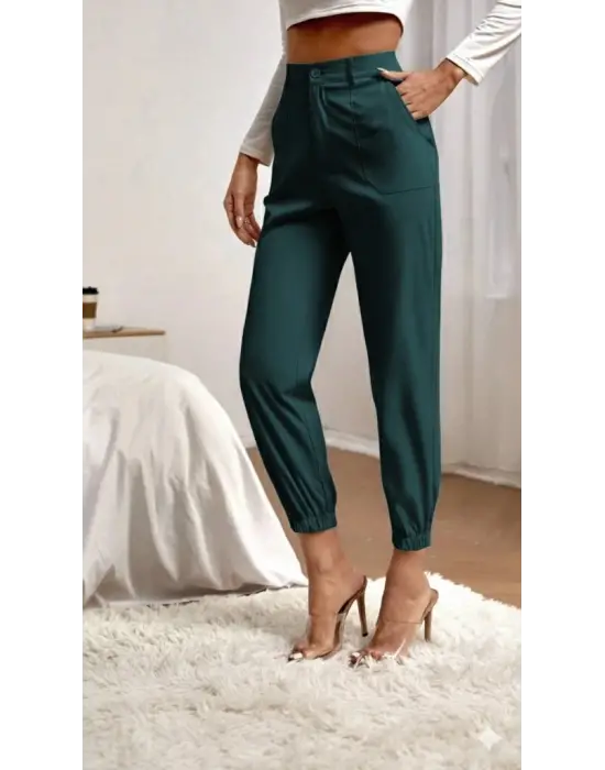 Kadın Yüksek Bel Cepli Paçası Lastikli Ithal Krep Pantolon