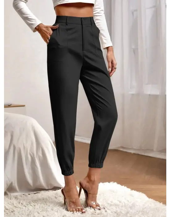 Kadın Yüksek Bel Cepli Paçası Lastikli Ithal Krep Pantolon