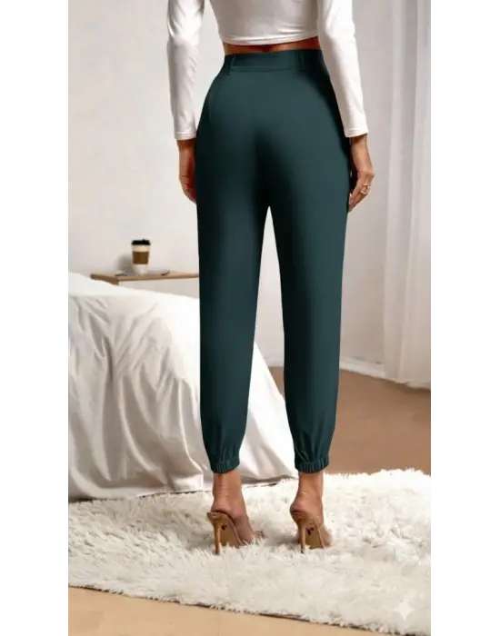 Kadın Yüksek Bel Cepli Paçası Lastikli Ithal Krep Pantolon