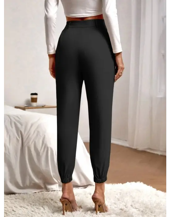 Kadın Yüksek Bel Cepli Paçası Lastikli Ithal Krep Pantolon