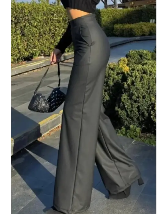 Kadın Yüksek Bel Cepli şardonlu Geniş Paçalı Mat Deri Pantolon