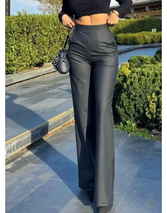 Kadın Yüksek Bel Cepli şardonlu Geniş Paçalı Mat Deri Pantolon