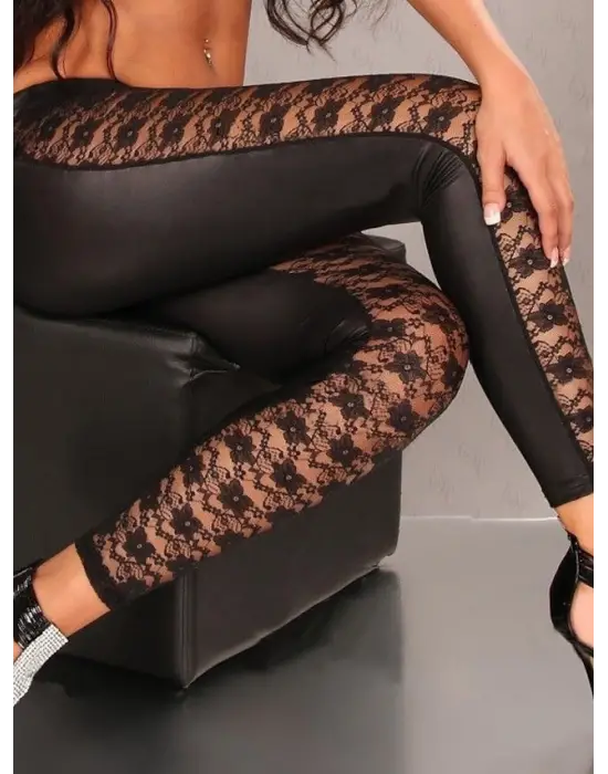 Kadın Yüksek Bel Dantel Detaylı Deri Tayt