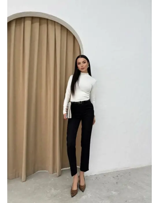 Kadın Yüksek Bel Dar Paça Kemer Dahil Kumaş Pantolon
