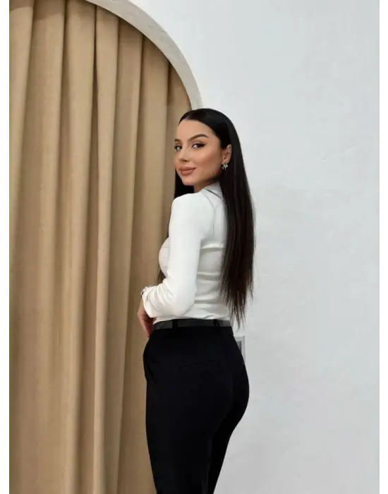 Kadın Yüksek Bel Dar Paça Kemer Dahil Kumaş Pantolon