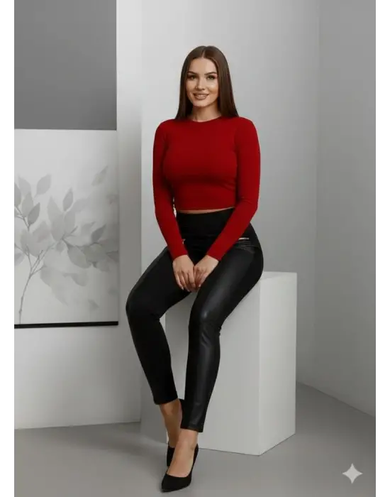 Kadın Yüksek Bel Deri Detaylı Fermuarlı Dalgıç Tayt