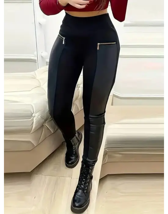 Kadın Yüksek Bel Deri Detaylı Fermuarlı Dalgıç Tayt