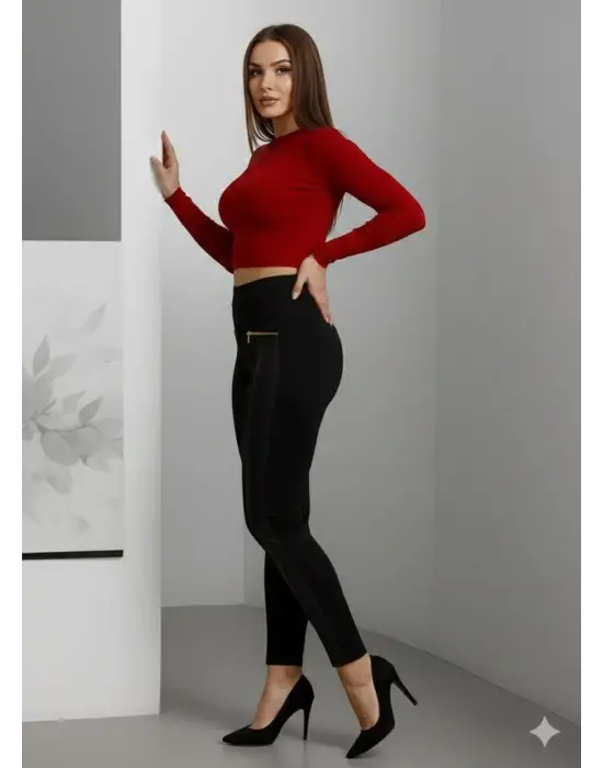 Kadın Yüksek Bel Deri Detaylı Fermuarlı Dalgıç Tayt