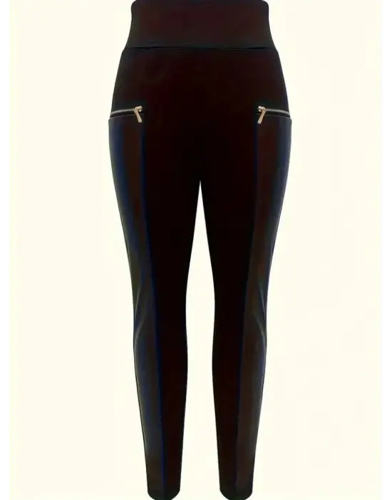 Kadın Yüksek Bel Deri Detaylı Fermuarlı Dalgıç Tayt