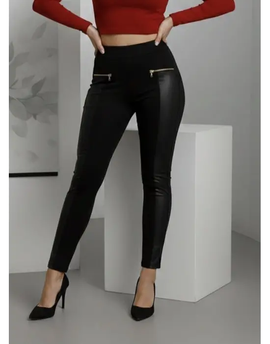 Kadın Yüksek Bel Deri Detaylı Fermuarlı Dalgıç Tayt