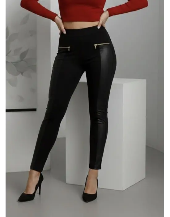 Kadın Yüksek Bel Deri Detaylı Fermuarlı Dalgıç Tayt