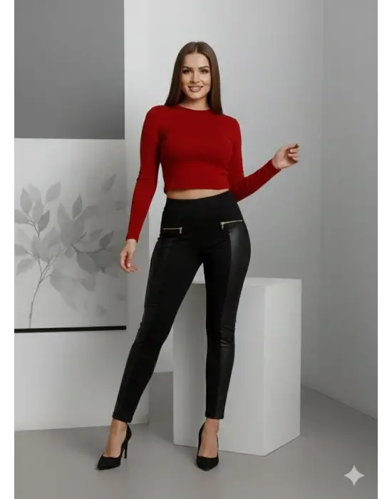 Kadın Yüksek Bel Deri Detaylı Fermuarlı Dalgıç Tayt