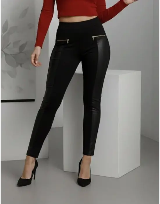 Kadın Yüksek Bel Deri Detaylı Fermuarlı Dalgıç Tayt