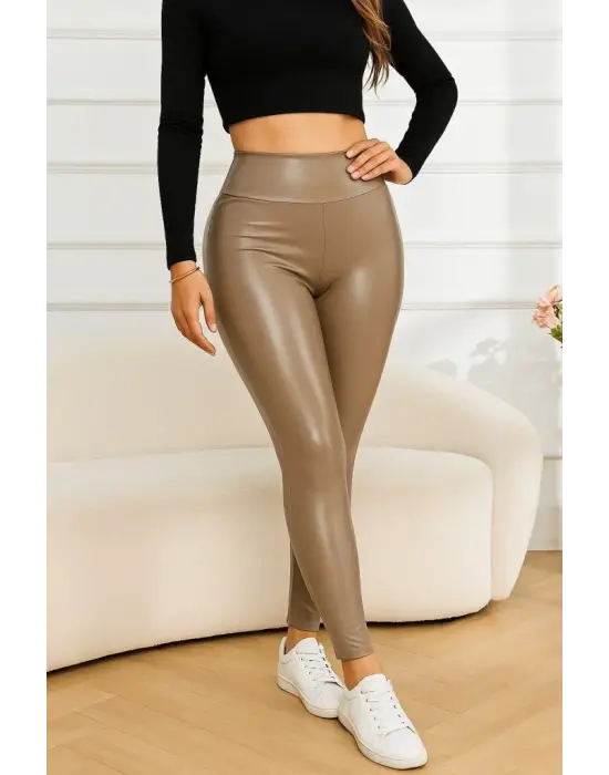 Kadın Yüksek Bel Deri Tayt