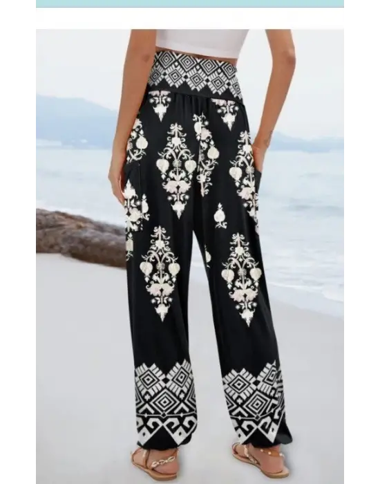 Kadın Yüksek Bel Desenli Lastikli Süprem Pantolon