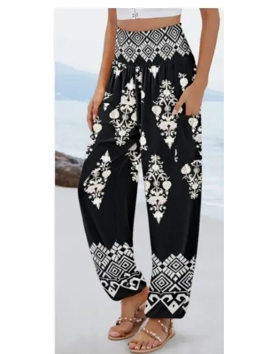 Kadın Yüksek Bel Desenli Lastikli Süprem Pantolon