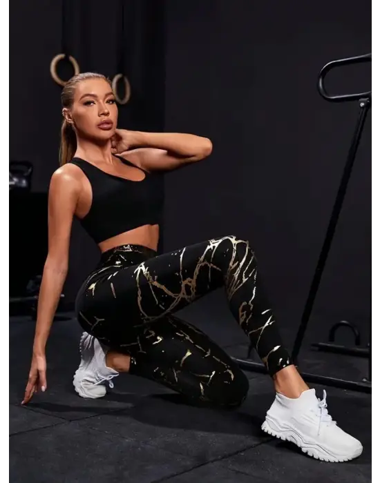 Omarı Yüksek Bel Desenli Spor Tayt Modası