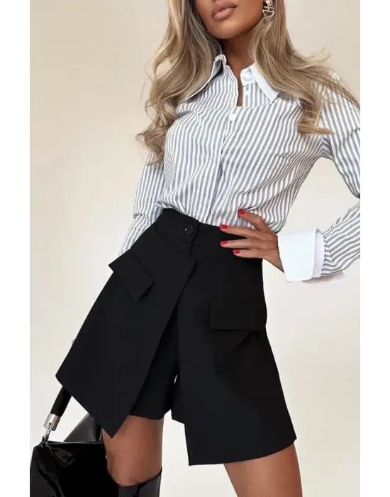 Kadın Yüksek Bel Düğmeli Asimetrik Kesim Cepli Kısa Ithal Krep şort Etek