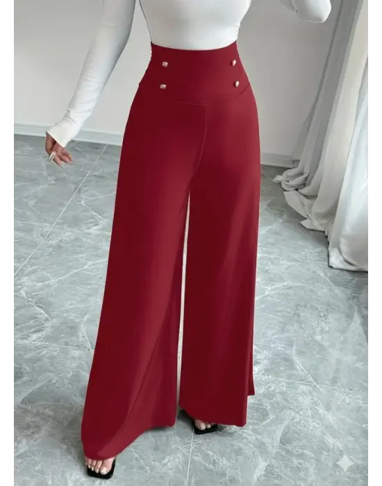 Kadın Yüksek Bel Düğmeli Geniş Paçalı Ithal Krep Pantolon
