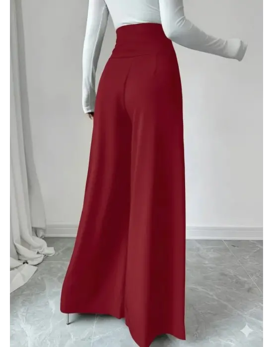 Kadın Yüksek Bel Düğmeli Geniş Paçalı Ithal Krep Pantolon