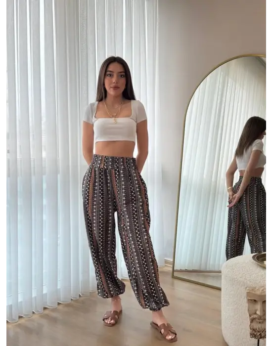 Omarı Etnik Desenli Geniş Dökümlü Pantolon Modelleri