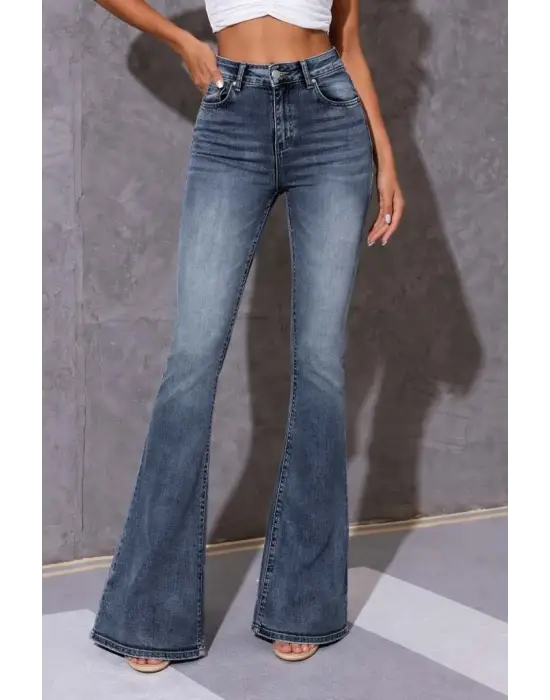 Modern Yüksek Bel Fermuarlı İspanyol Paçalı Kot Pantolon