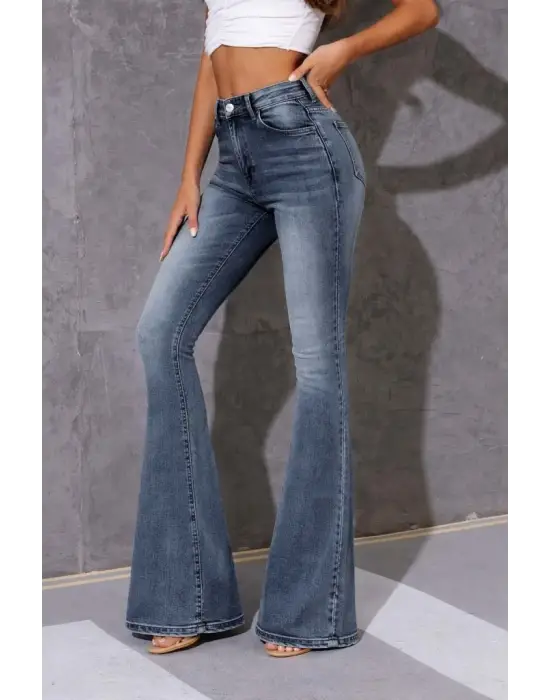 Kadın Yüksek Bel Fermuarlı İspanyol Paçalı Kot Pantolon