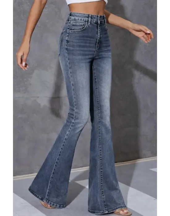 Kadın Yüksek Bel Fermuarlı İspanyol Paçalı Kot Pantolon