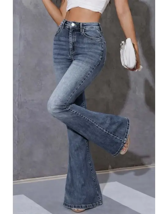 Kadın Yüksek Bel Fermuarlı İspanyol Paçalı Kot Pantolon