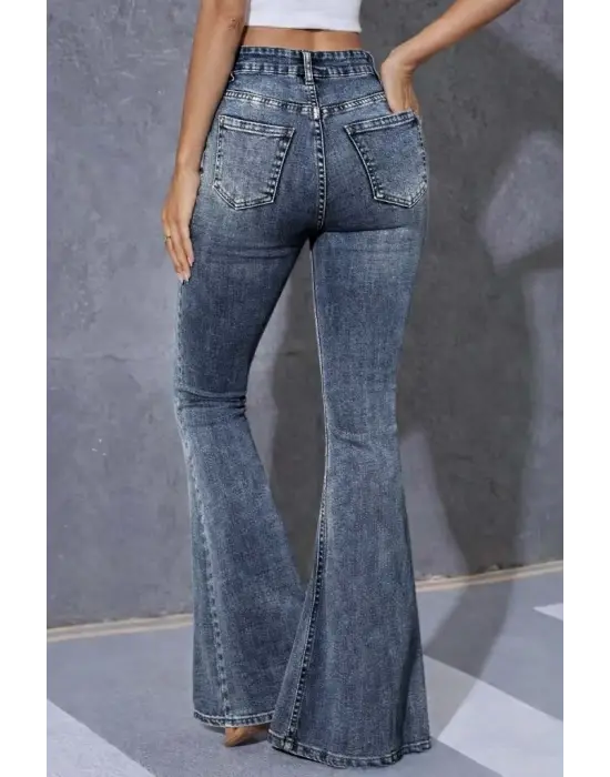 Modern Yüksek Bel Fermuarlı İspanyol Paçalı Kot Pantolon