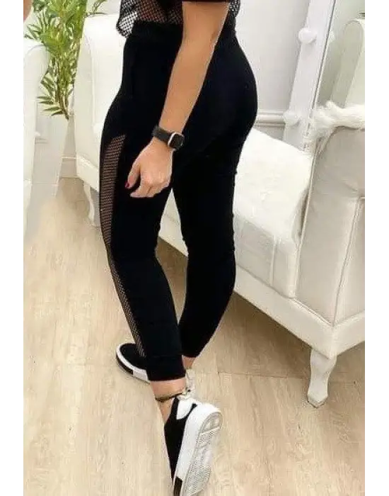 Kadın Yüksek Bel File Detaylı Dar Kesim Viskon Iki Iplik Pantolon