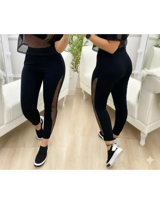 Kadın Yüksek Bel File Detaylı Dar Kesim Viskon Iki Iplik Pantolon