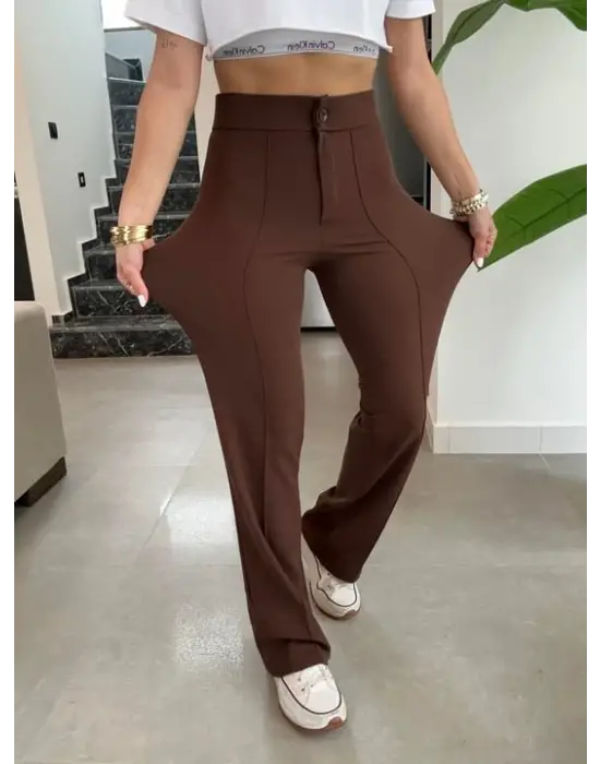 Kadın Yüksek Bel Full Likralı Krep Kumaş Pantolon