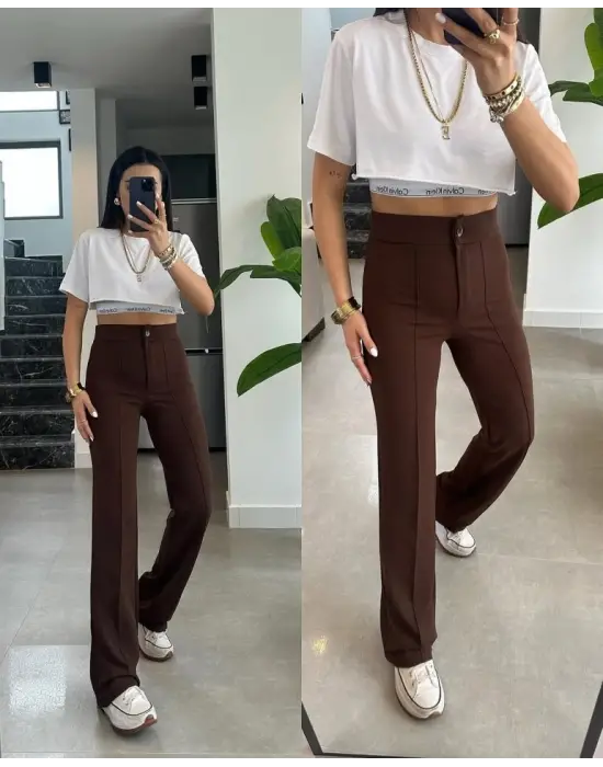 Kadın Yüksek Bel Full Likralı Krep Kumaş Pantolon