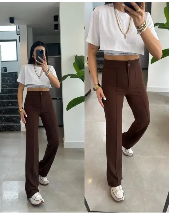 Omarı Yüksek Bel Likralı Krep Kumaş Pantolon